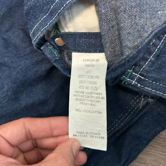 Liberty Bib Overalls Youth 16 Regular Blue Denim Adjustable Straps Green Trim - Picture 7 of 15